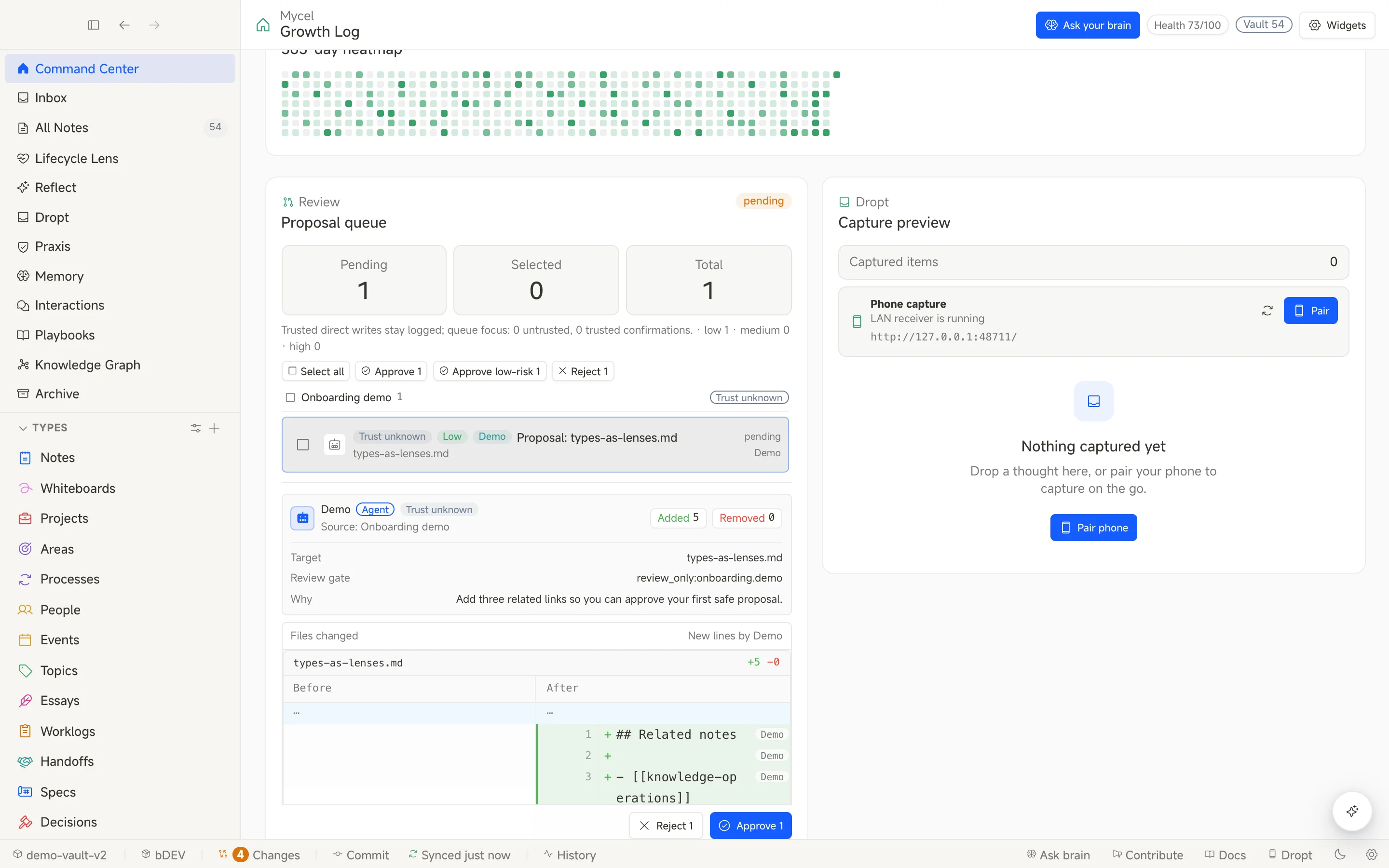 Quickstart: open a pending proposal and review the diff, target path, agent, reason, and risk markers
