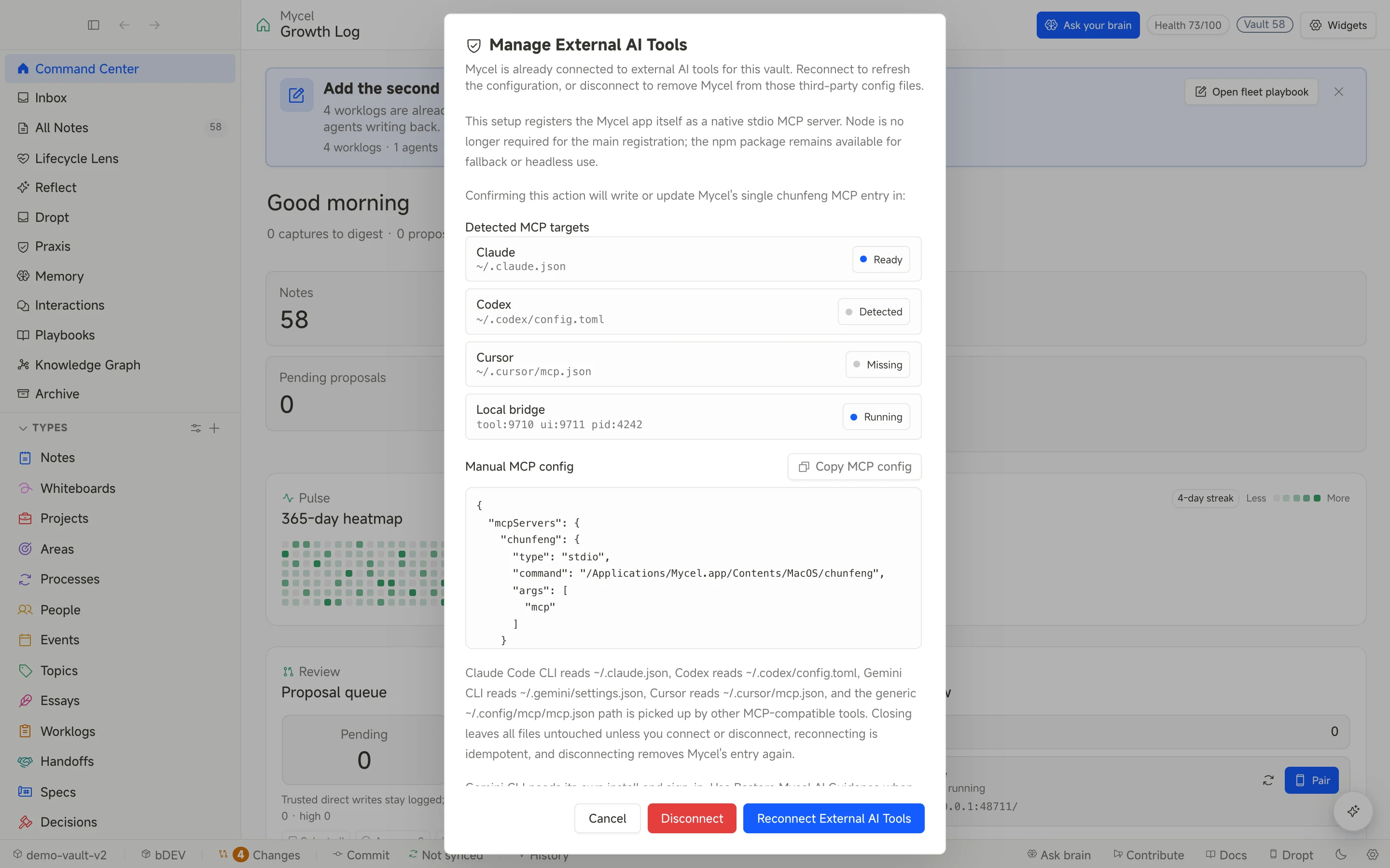 MCP status panel: bridge connection state, registration probe, and common troubleshooting paths